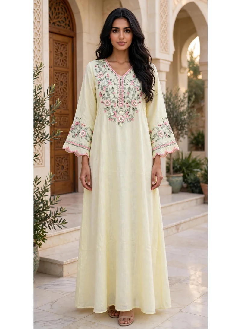 Floral Embroidered V Neck Jalabiya with Scalloped Cuffs