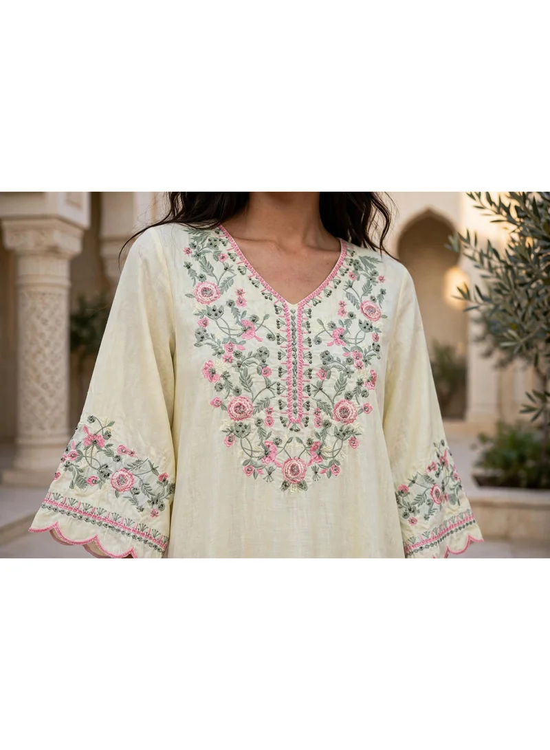 Ikkxa  Floral Embroidered V Neck Jalabiya with Scalloped Cuffs for Women | Best Price UAE