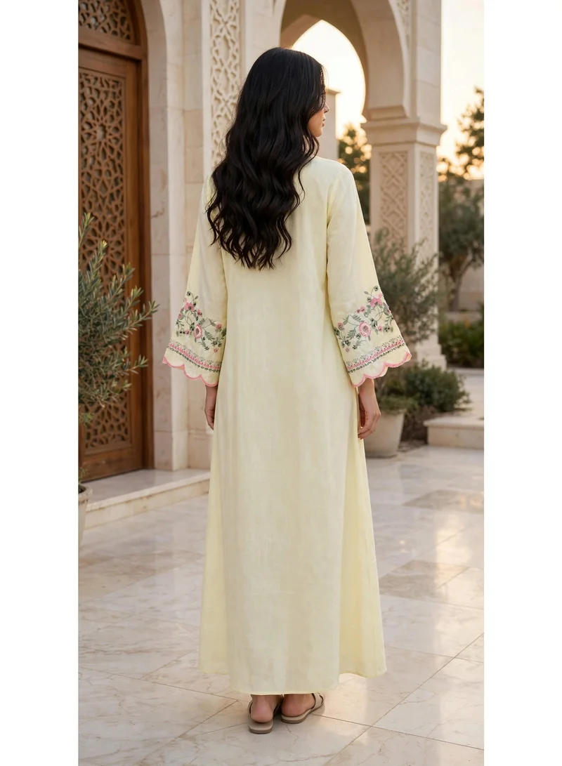 Ikkxa  Floral Embroidered V Neck Jalabiya with Scalloped Cuffs for Women | Best Price UAE