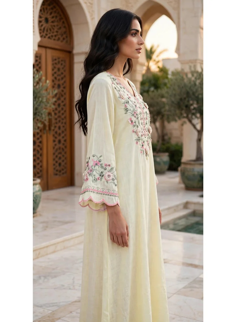 Ikkxa  Floral Embroidered V Neck Jalabiya with Scalloped Cuffs for Women | Best Price UAE