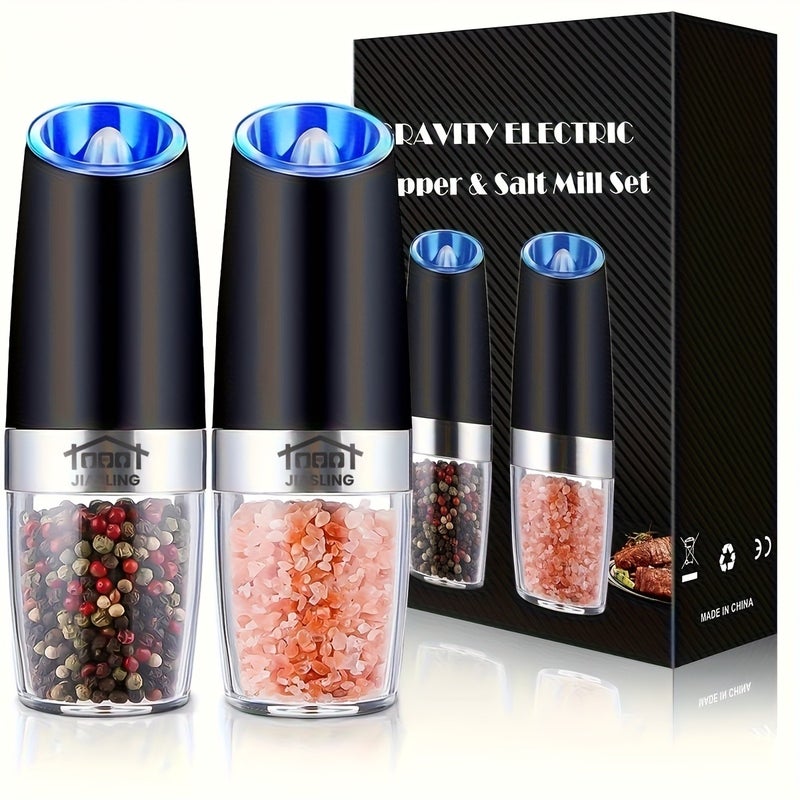 2pcs Gravity-Driven Electric Salt & Pepper Grinder with LED Light, Adjustable Coarseness, Black Color - Creative Kitchen Gadget, Perfect Gift - Image 1