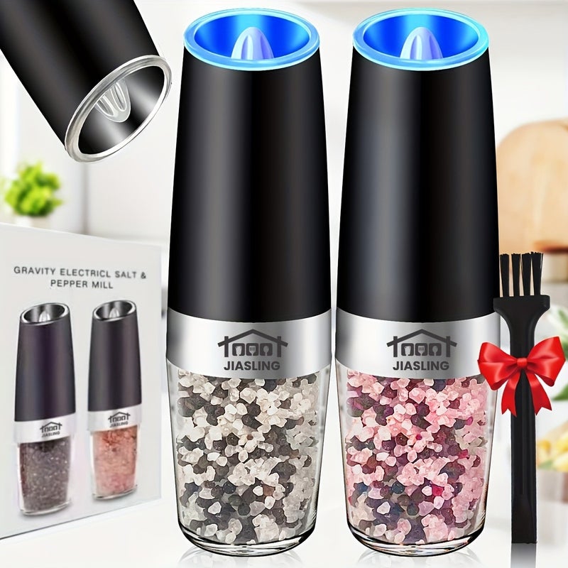 2pcs Gravity-Driven Electric Salt & Pepper Grinder with LED Light, Adjustable Coarseness, Black Color - Creative Kitchen Gadget, Perfect Gift - Image 4
