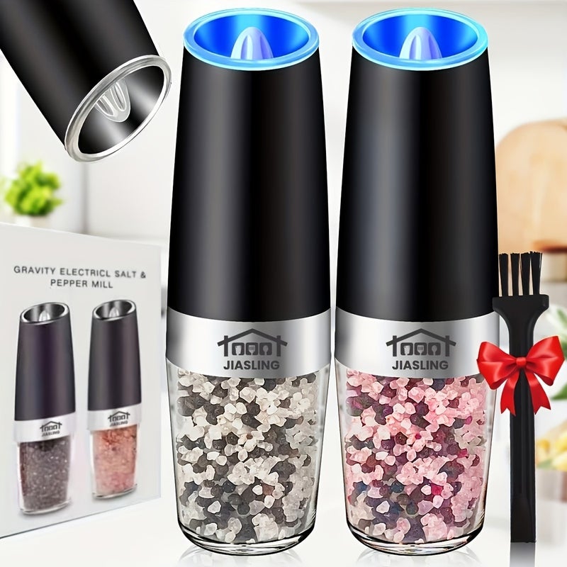 2pcs Gravity-Driven Electric Salt & Pepper Grinder with LED Light, Adjustable Coarseness, Black Color - Creative Kitchen Gadget, Perfect Gift - Image 3