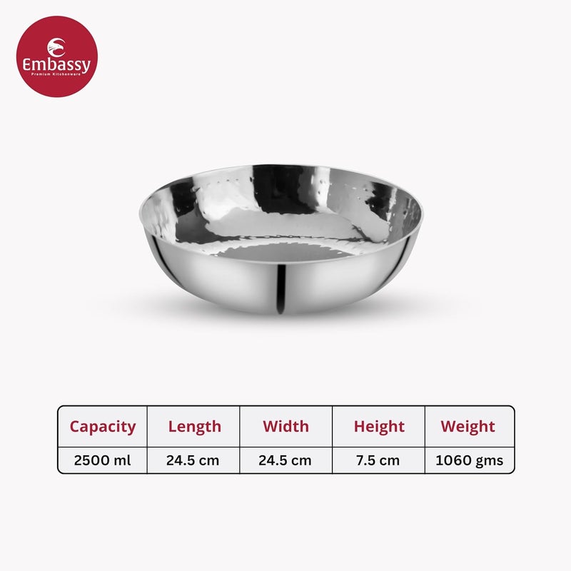 EMBASSY Stainless Steel 245 cm Hammered TaslaKadai Without Handle Capacity 25 Litre Size 12 Even Heat Distribution Induction Friendly Ideal for Cooking Curries Stews and More - Image 2