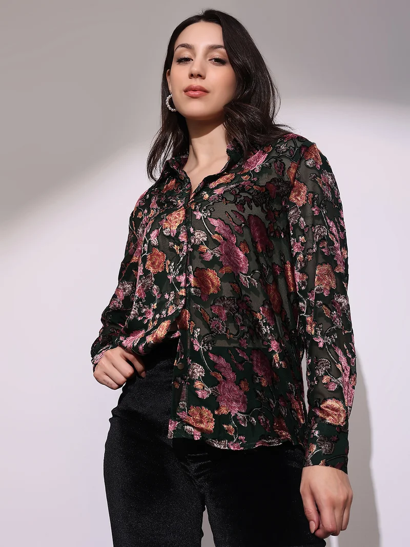 globus Globus Women Green Floral Self Design Collared Neck Cuffed Sleeves Curved Hem Party Shirt