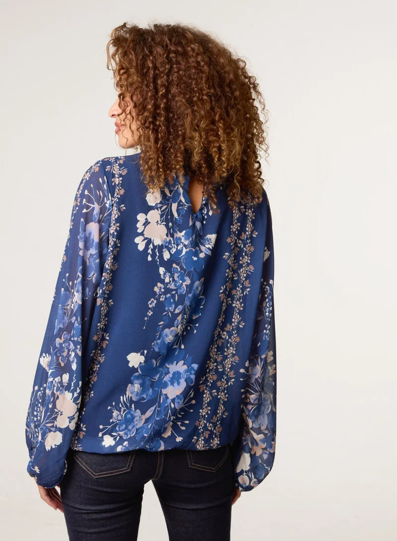 Blue Vanilla High Neck Puffball Floral Blouse