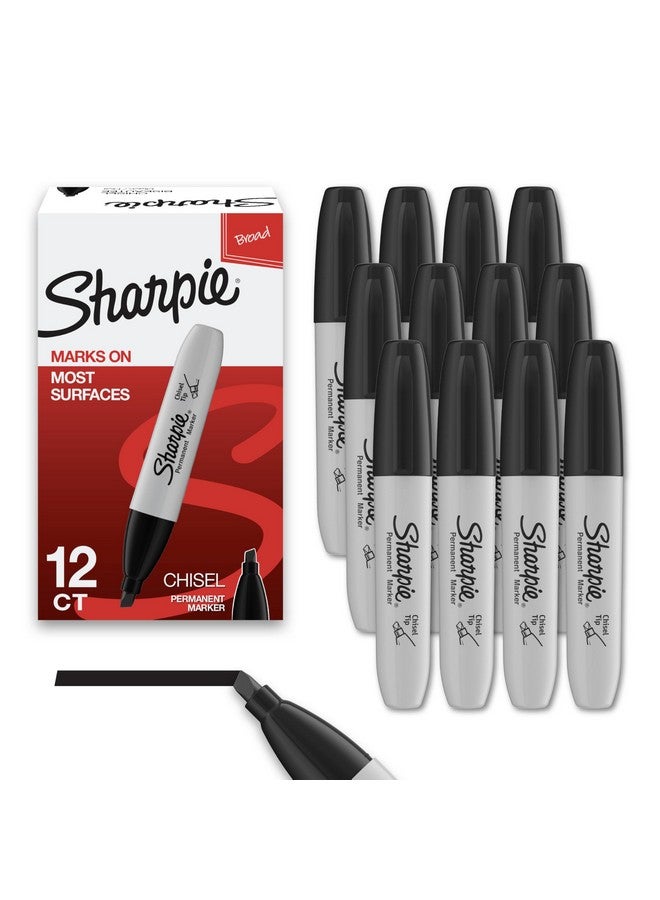 Sharpie Permanent Markers, Chisel Tip Marker Set, Poster Markers, Markers For Wood, Plastic, And More, Black, 12 Count - Image 1