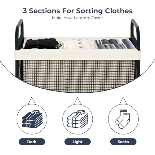 STO STO Laundry Hamper 3 Section, 120L Rolling Laundry Sorter Cart with Removable and Washable Liner Bag, Clothes Hamper with Wheels and Metal Handle for Laundry Room and Bedroom - Image 5