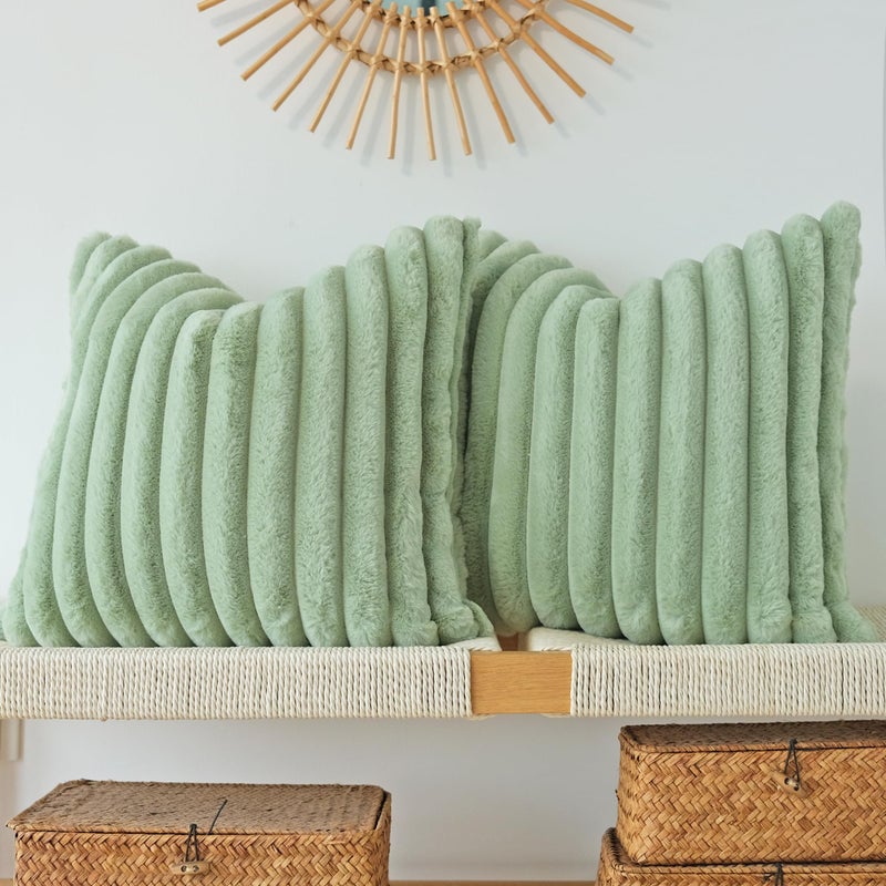 JOJUSIS Pack of 2 Faux Fur Plush Decorative Throw Pillow Covers Couch Cushion Case Soft Pillowcases Sage Green 18 x 18Inch
