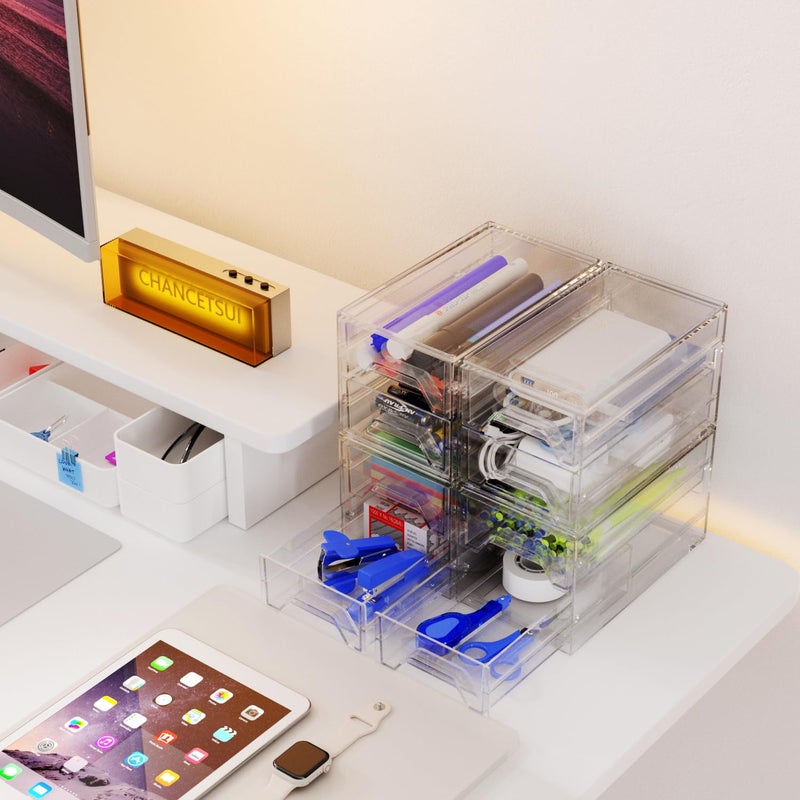 CHANCETSUI Desk Organizer Drawer Office Storage: 4 Plastic Drawers Organizers for Small Accessories, Clear Box for Stationery Supplies Organization, Storage Acrylic Bins Holder for Classroom Table - Image 4