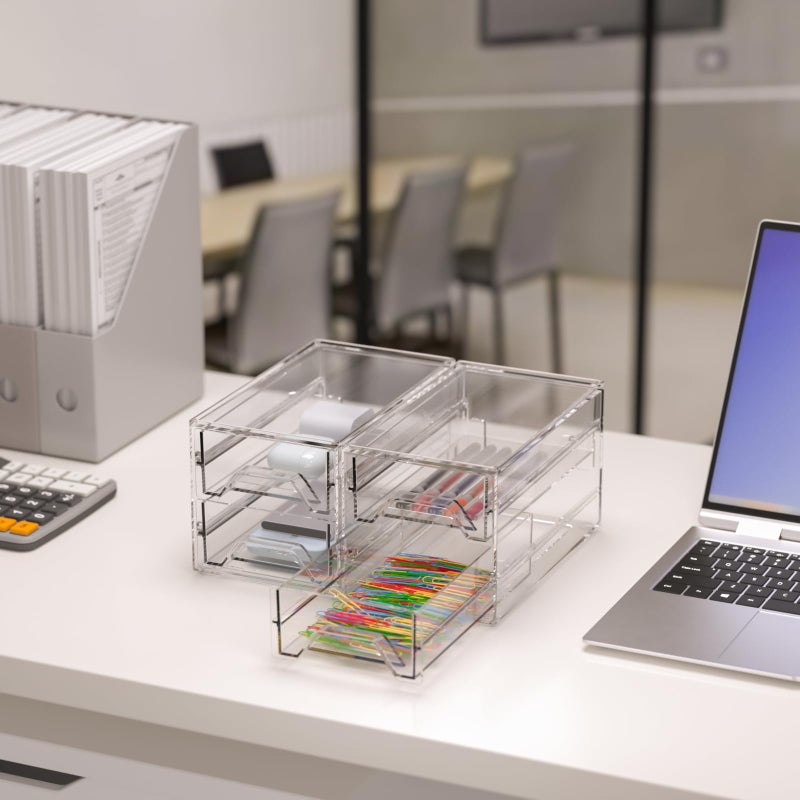 CHANCETSUI Desk Organizer Drawer Office Storage: 4 Plastic Drawers Organizers for Small Accessories, Clear Box for Stationery Supplies Organization, Storage Acrylic Bins Holder for Classroom Table - Image 3