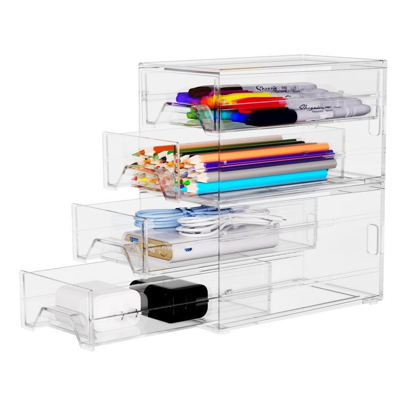 CHANCETSUI Desk Organizer Drawer Office Storage: 4 Plastic Drawers Organizers for Small Accessories, Clear Box for Stationery Supplies Organization, Storage Acrylic Bins Holder for Classroom Table - Image 1