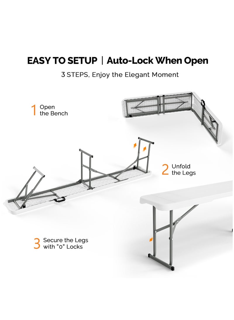 XiuWoo 6 feet Plastic Folding Bench,Portable in/Outdoor Picnic Party Camping Dining Seat, Garden Soccer Multipurpose Entertaining Activities, Rattan Patterned HDPE Tabletop - Image 5