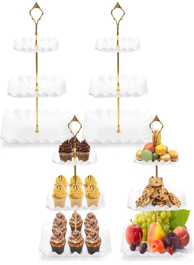 DEAYOU 4 Pack 3 Tier Plastic Cupcake Stand, White Square Dessert Tiered Serving Stand, Cake Pastry Display Tower Tray Platter Holder for Buffet, Cookie, Fruit, Table Decor, Party, Wedding, Birthday - Image 1