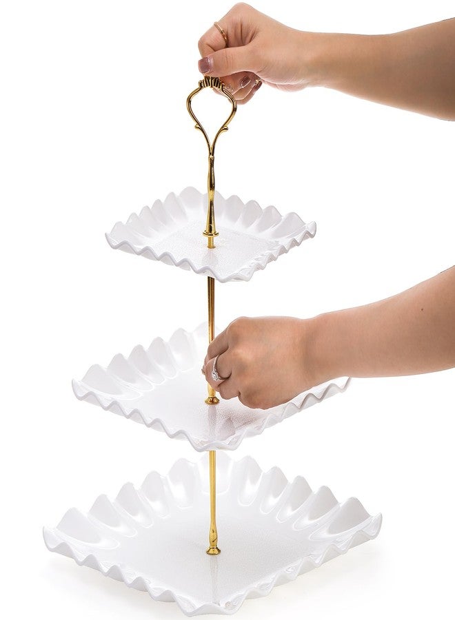 DEAYOU 4 Pack 3 Tier Plastic Cupcake Stand, White Square Dessert Tiered Serving Stand, Cake Pastry Display Tower Tray Platter Holder for Buffet, Cookie, Fruit, Table Decor, Party, Wedding, Birthday - Image 4