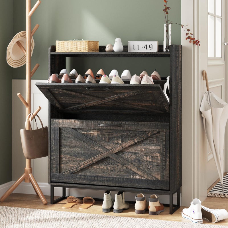 Maupvit Shoe Storage Cabinet with 2 Flip Drawers Freestanding Organizer with Metal Legs for Entryway Narrow Shoe Rack Cabinet Dark Rustic Oak