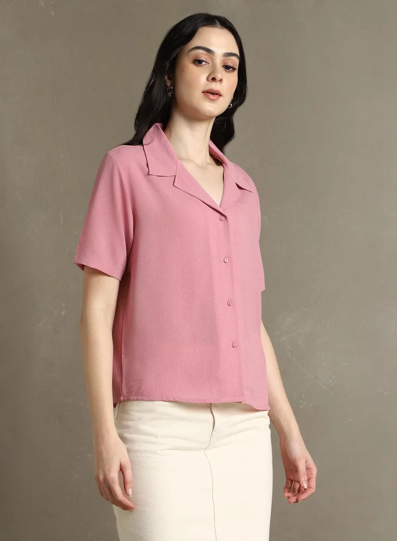 Dennis Lingo Women's Pink 100% Polyester Solid Button Down Regular Fit Shirt