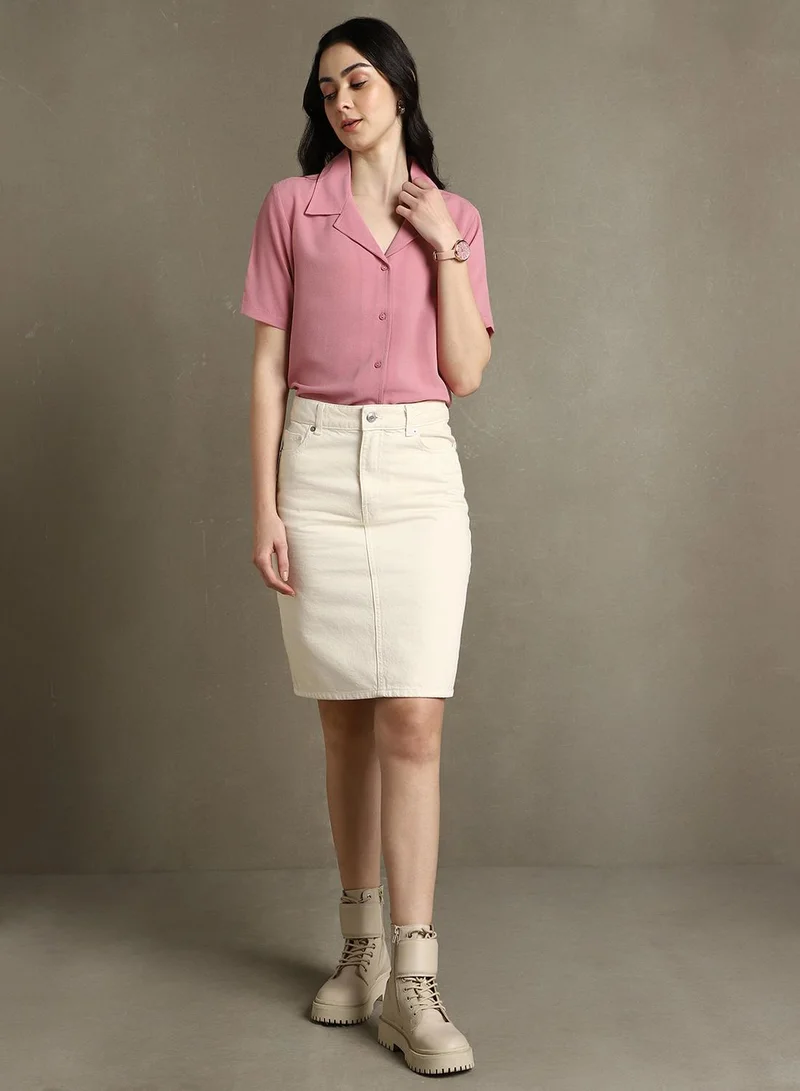 Dennis Lingo Women's Pink 100% Polyester Solid Button Down Regular Fit Shirt