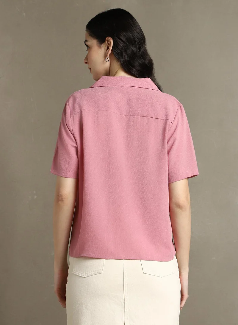 Dennis Lingo Women's Pink 100% Polyester Solid Button Down Regular Fit Shirt