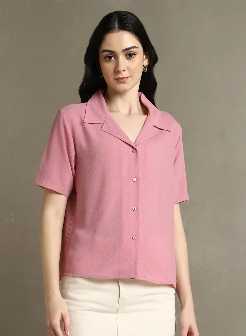 Dennis Lingo Women's Pink 100% Polyester Solid Button Down Regular Fit Shirt