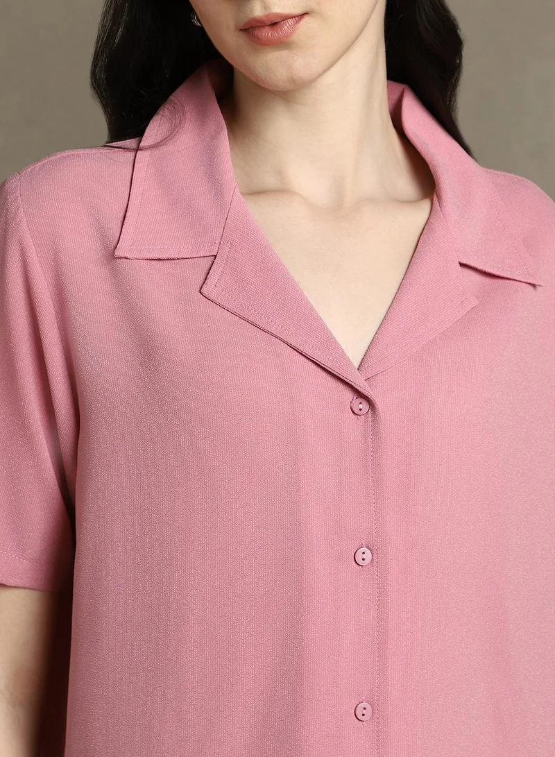 Dennis Lingo Women's Pink 100% Polyester Solid Button Down Regular Fit Shirt