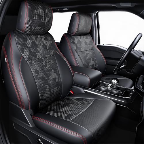Carlimeki Premium Faux Leather Seat Covers for Ford F150 SuperCrew XL XLT STX 20212026 F250F350F450 Crew Cab XL XLT 20232026 Fully Covered Designed for 40Console40 Front Seats Camo Black - Image 1