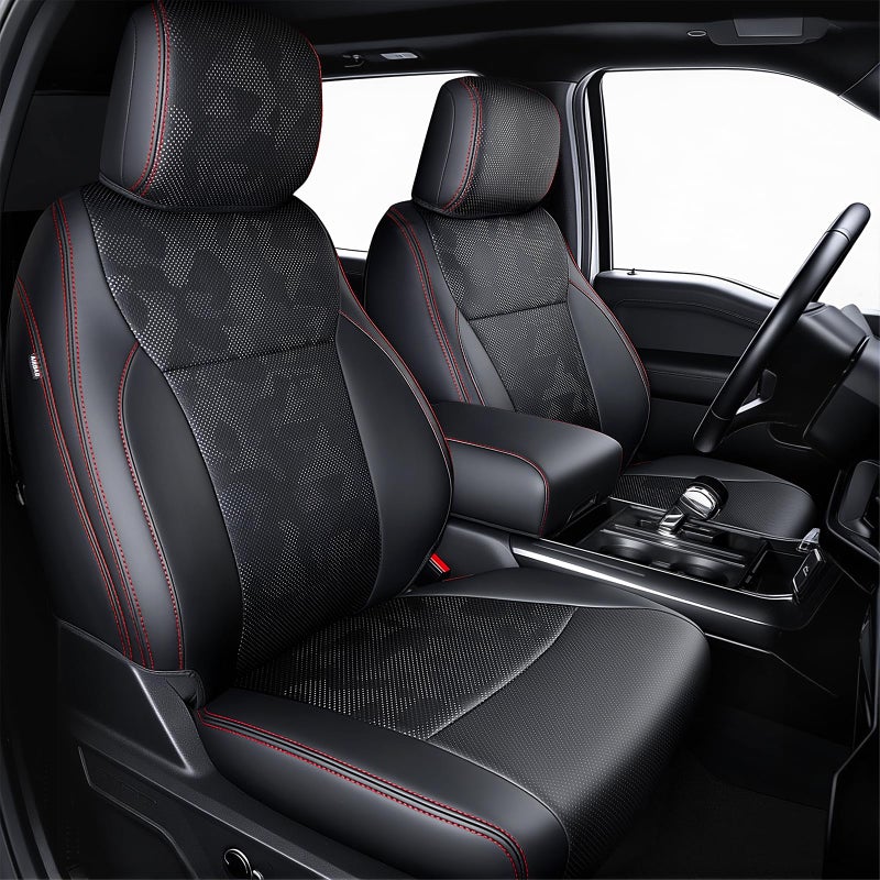 Carlimeki Premium Faux Leather Seat Covers for Ford F150 SuperCrew XL XLT STX 20212026 F250F350F450 Crew Cab XL XLT 20232026 Fully Covered Designed for 40Console40 Front Seats Camo Black - Image 3