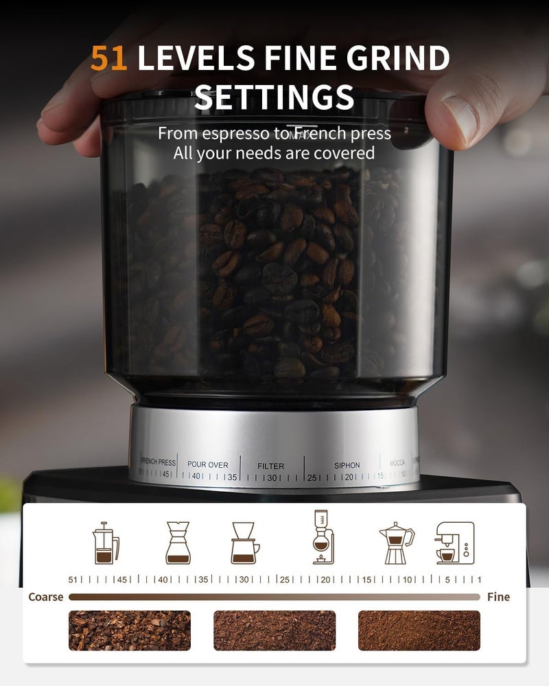 Stainless Steel Electric Cone Grinder with 51 Levels of Fine Grinding and LCD Screen - Image 2
