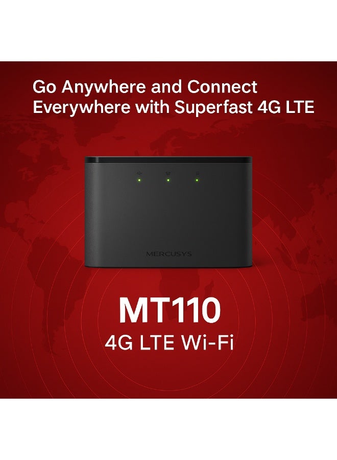 MT110 Portable Wi-Fi Router - 4G LTE Speeds - Up to 150 Mbps - 2200 mAh Battery - Supports up to 10 devices - SIM Card - Portable Design - 10 Hours Operating Time - USB Charging - Black. - Image 2