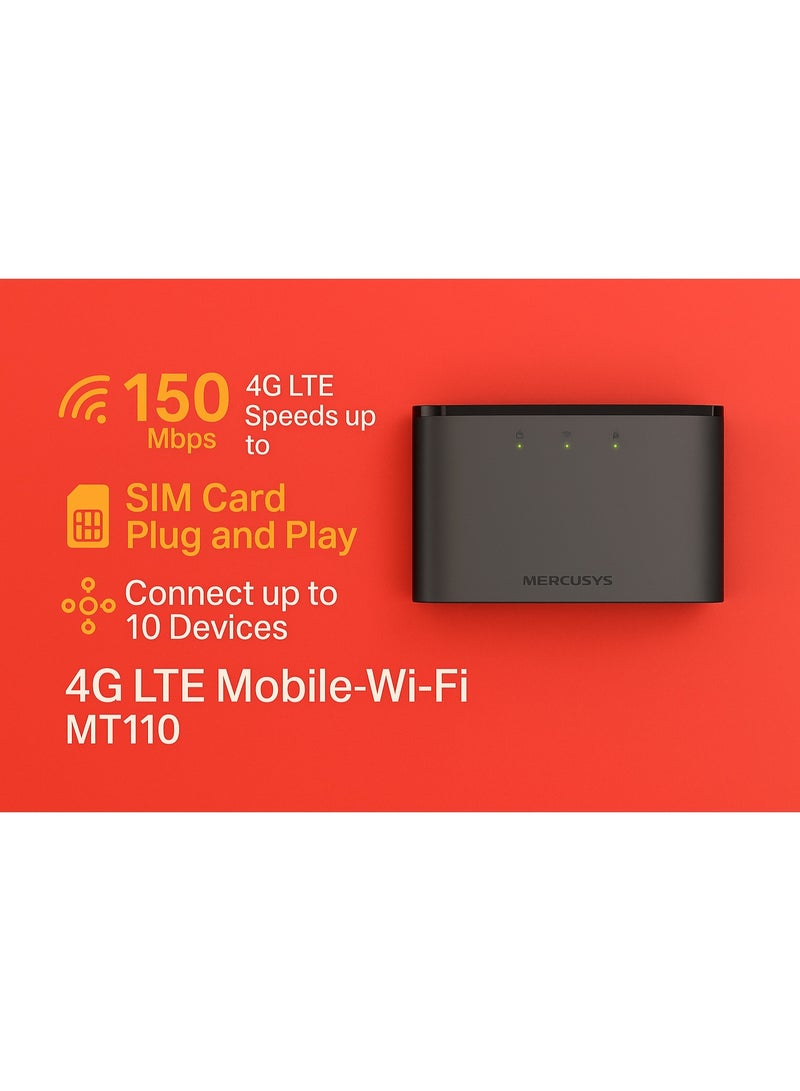 MT110 Portable Wi-Fi Router - 4G LTE Speeds - Up to 150 Mbps - 2200 mAh Battery - Supports up to 10 devices - SIM Card - Portable Design - 10 Hours Operating Time - USB Charging - Black. - Image 5