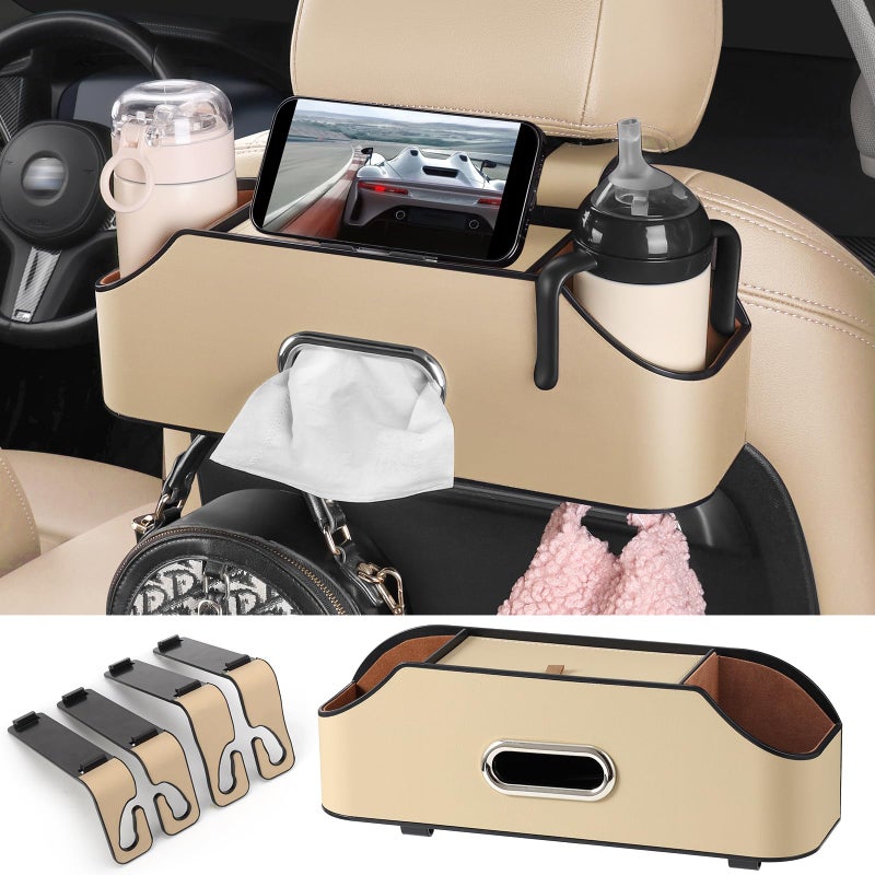 Sancaral Car Rear Backseat Extra Multifunctional Drink Cup Holder Organizers With Tissue Storage Box Organizer & Hooks For Car Seat Back.Beige - Image 1