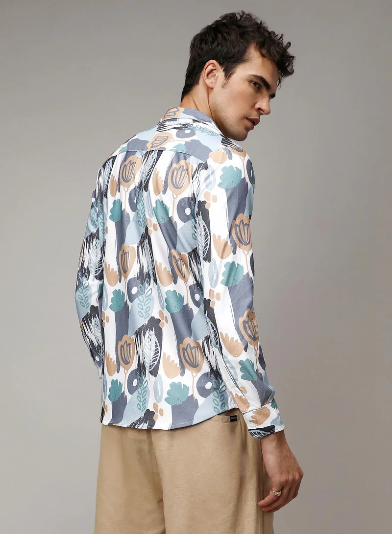 CAHOOT  Men's Prussian Blue & Sienna Brown Foliage Strokes Shirt for Men | Best Price UAE