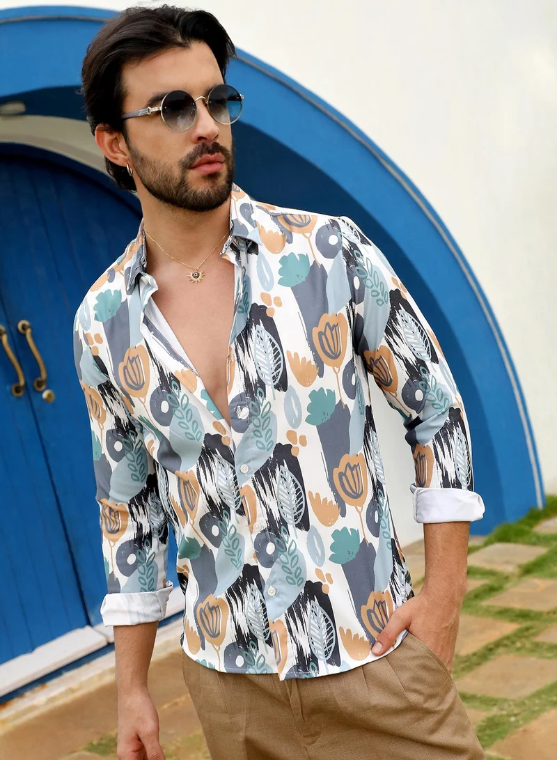 Men's Prussian Blue & Sienna Brown Foliage Strokes Shirt