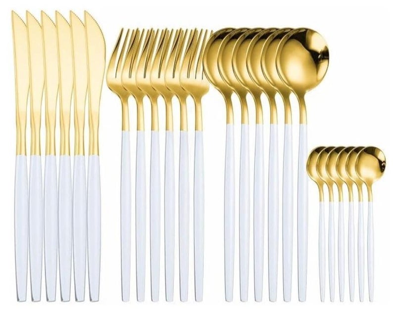 طقم معالق ذهبي أسود-اطقم معالق - طقم شوك وسكاكين ومعالق شيك جدا 24 قطعة -طقم معلقه وشوكه 6 افراد - مجموعة ادوات مائدة فضية من الستانلس ستيل : 24 قطعة من ادوات المائدة وشوك وملاعق وسكين شريحة لحم 6 - قم أدوات مائدة يكفي 6 أشخاص ، 24 قطعة، أدوات مائدة مع شوكة سكين، أدوات مائدة من الفولاذ المقاوم للصدأ، آمن للاستخدام في غسالة الأطباق - Image 1