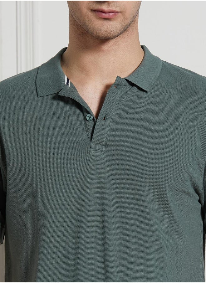 Dennis Lingo Regular Fit Sage Green Cotton-Jersey Polo Neck T-Shirt  - Image 2