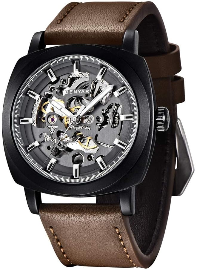 BY BENYAR Watch Men Automatic Mechanical Men Watches Golden Movement 45 Mm Skeleton Dial Water And Scratch Resistant Leather Strap Elegant Gift For Men  - Image 1