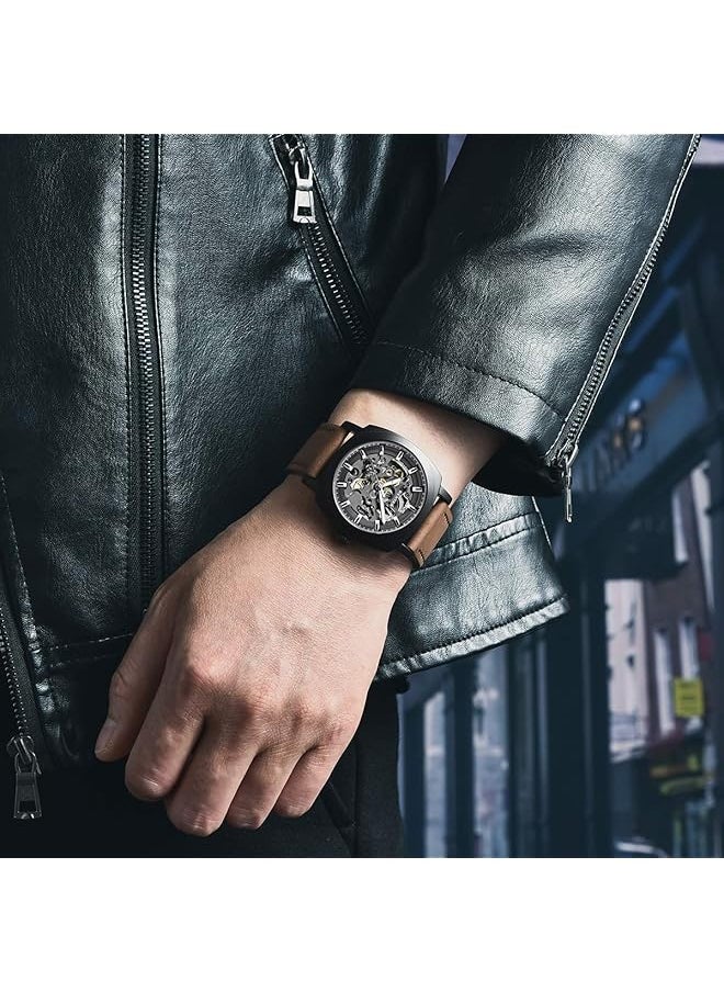BY BENYAR Watch Men Automatic Mechanical Men Watches Golden Movement 45 Mm Skeleton Dial Water And Scratch Resistant Leather Strap Elegant Gift For Men  - Image 4