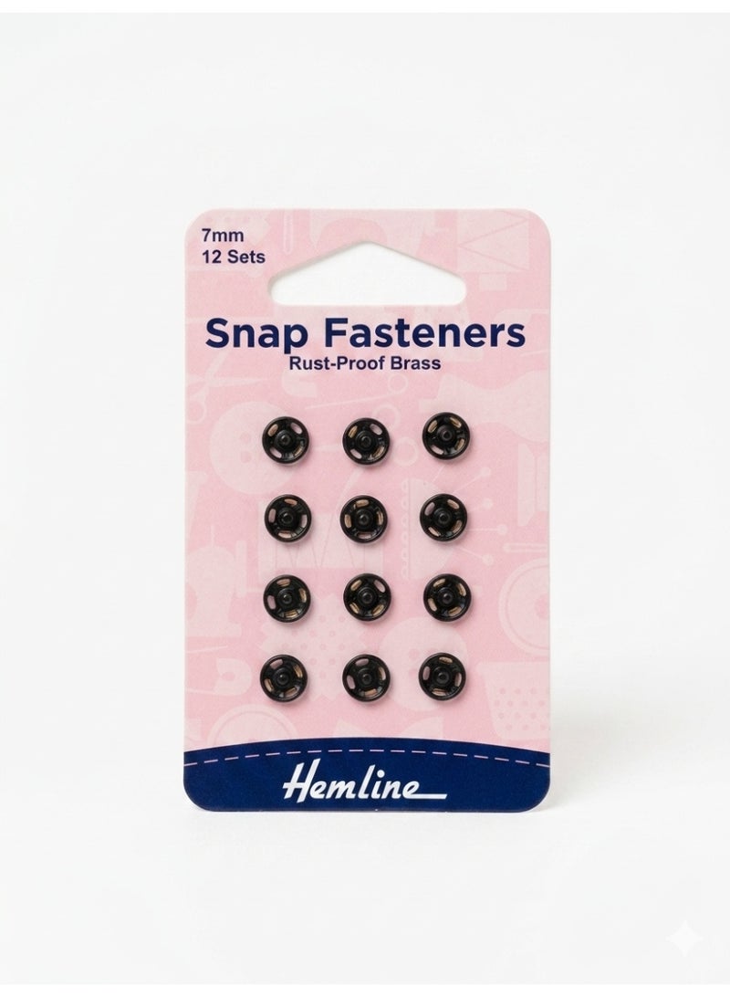 Hemline Snap Fasteners - 7mm Rust-Proof Brass, Black Finish - 12 Sets per Pack - Ideal for Sewing, Repairs, and DIY Crafts