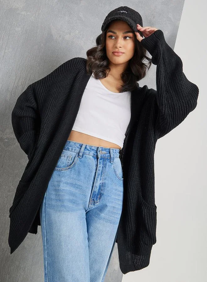 Take Two Oversized Pocket Detail Ribbed Knit Cardigan