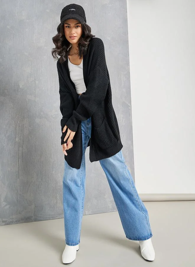 Take Two Oversized Pocket Detail Ribbed Knit Cardigan
