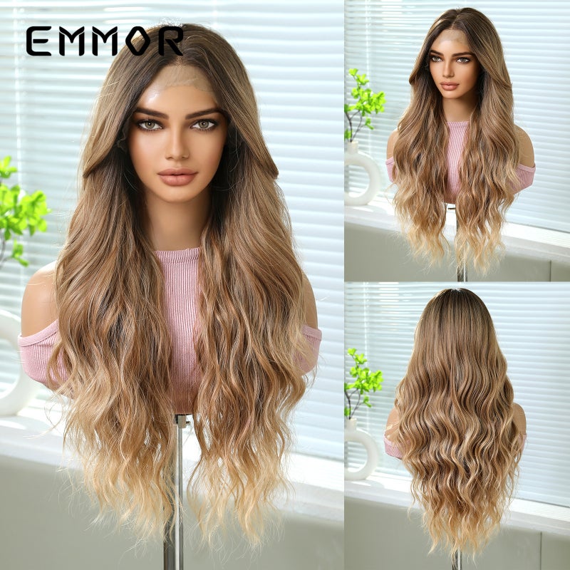 EMMOR Cross-Border 13*6 Large Area Front Lace Wig, Medium Part, Highlighted Golden Color, Fluffy Long Curly Hair - Image 1