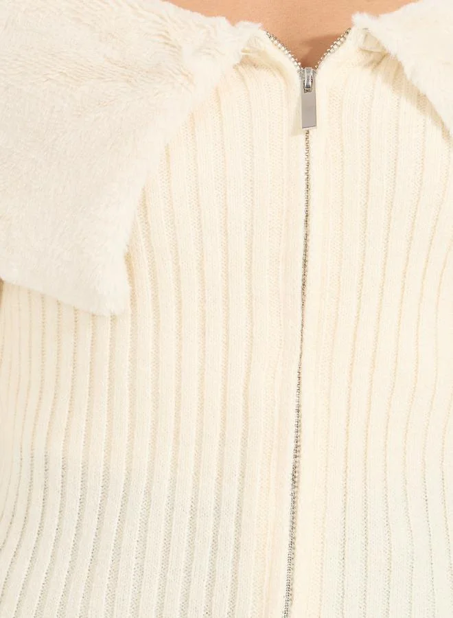 Styli Off Shoulder Sweater with Zip Closure