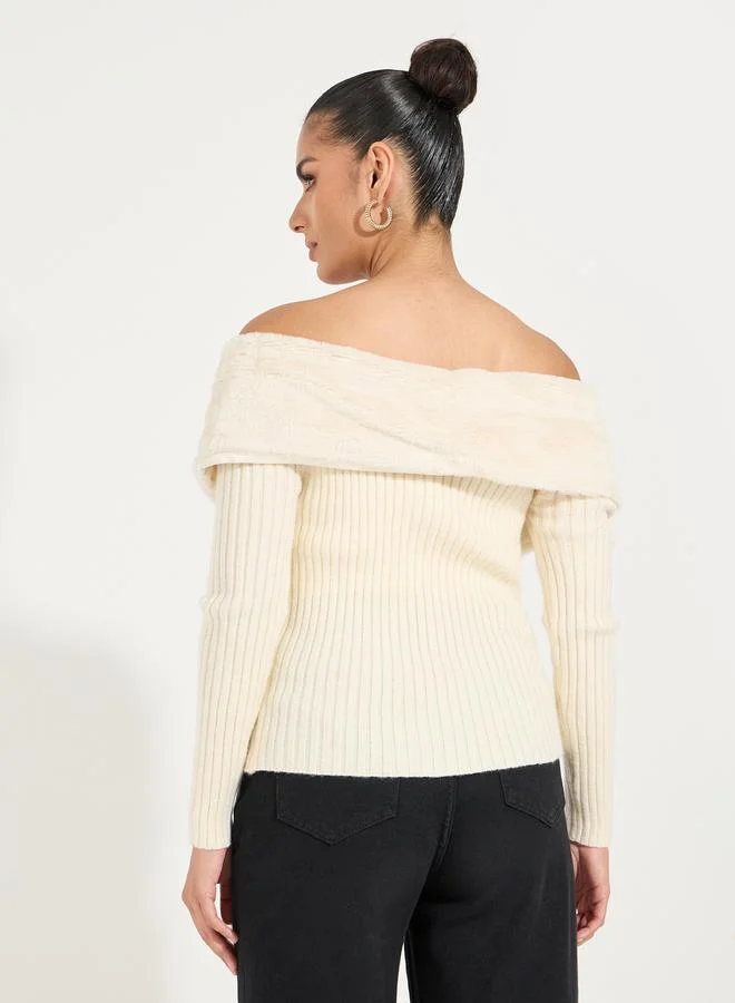 Styli Off Shoulder Sweater with Zip Closure