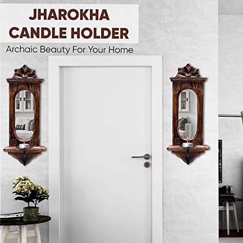 Crafty Essentials Wooden Jharokha Mirror Candle Holder Handcrafted Wall Mirror for Living Room, Entryway or Home Décor, Brown, 17 x 7 Inches - Image 5