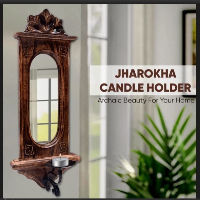 Crafty Essentials Wooden Jharokha Mirror Candle Holder Handcrafted Wall Mirror for Living Room, Entryway or Home Décor, Brown, 17 x 7 Inches - Image 3