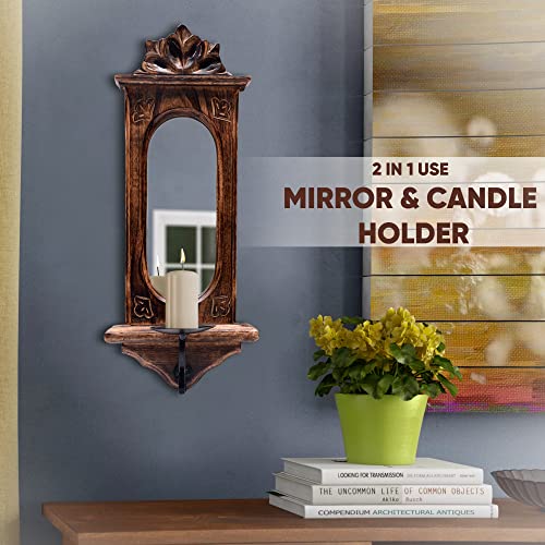 Crafty Essentials Wooden Jharokha Mirror Candle Holder Handcrafted Wall Mirror for Living Room, Entryway or Home Décor, Brown, 17 x 7 Inches - Image 2