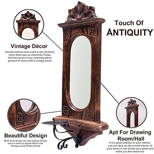 Crafty Essentials Wooden Jharokha Mirror Candle Holder Handcrafted Wall Mirror for Living Room, Entryway or Home Décor, Brown, 17 x 7 Inches - Image 4