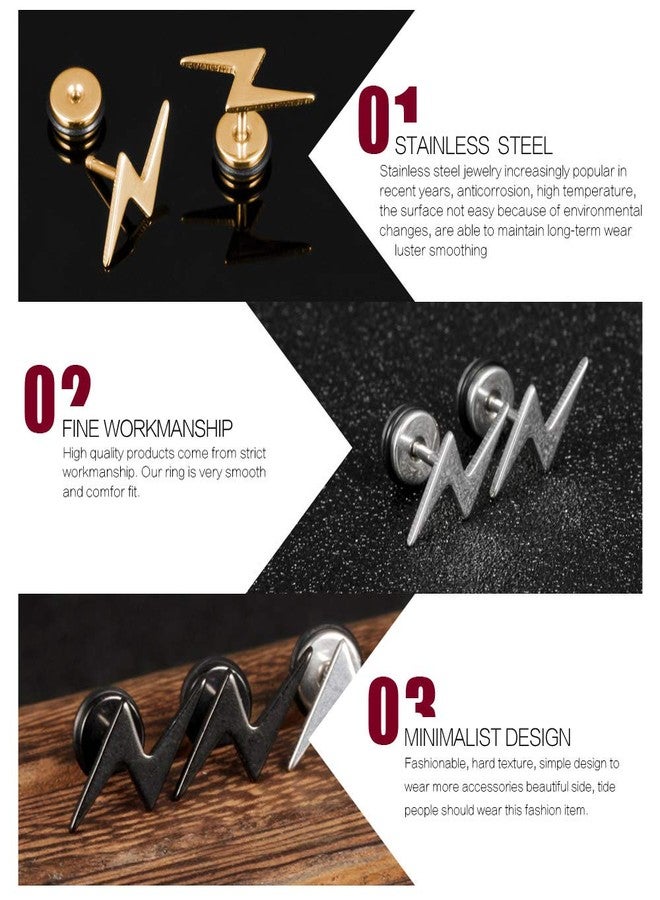 EACHLP Screw Flat Back Black Lightning Bolt Stud Earrings for Women Men - Image 2