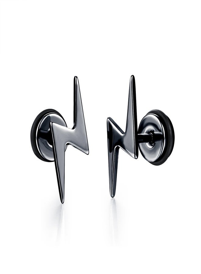 EACHLP Screw Flat Back Black Lightning Bolt Stud Earrings for Women Men - Image 1