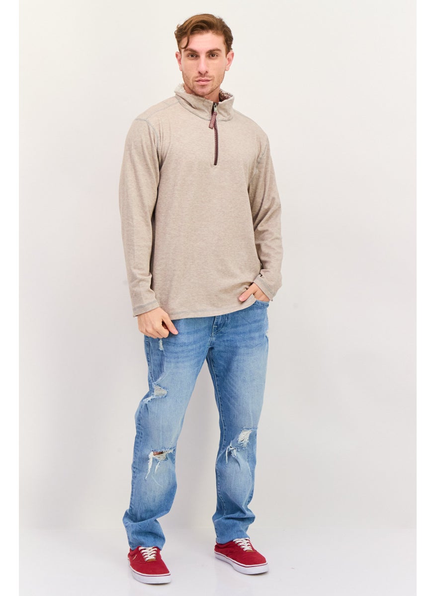 TRUE GRIT - Men Mock Neck Heather Sweater, Khaki - Image 1